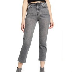 Topshop Wash Black High Rise Raw Hem Straight Jeans